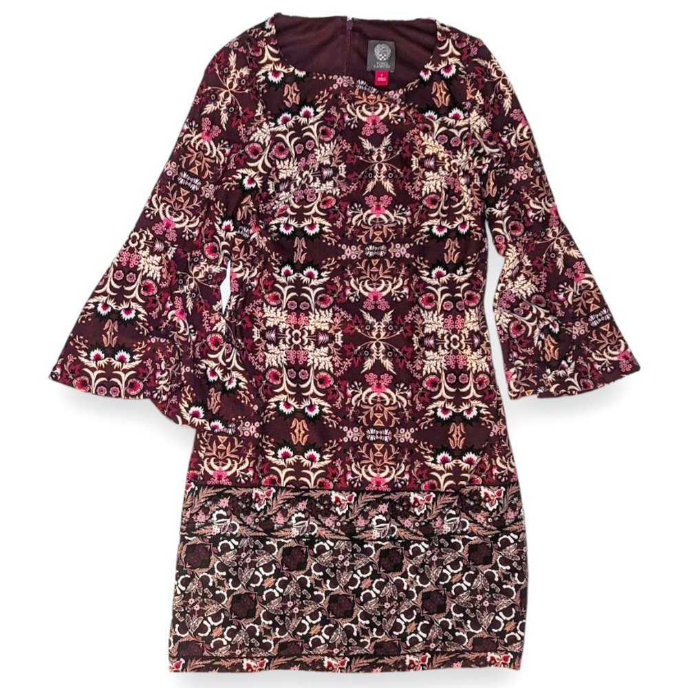 Vince Camuto Autumn Maroon Red Brown Floral Flare Lined Stretch Knit Dress sz 2